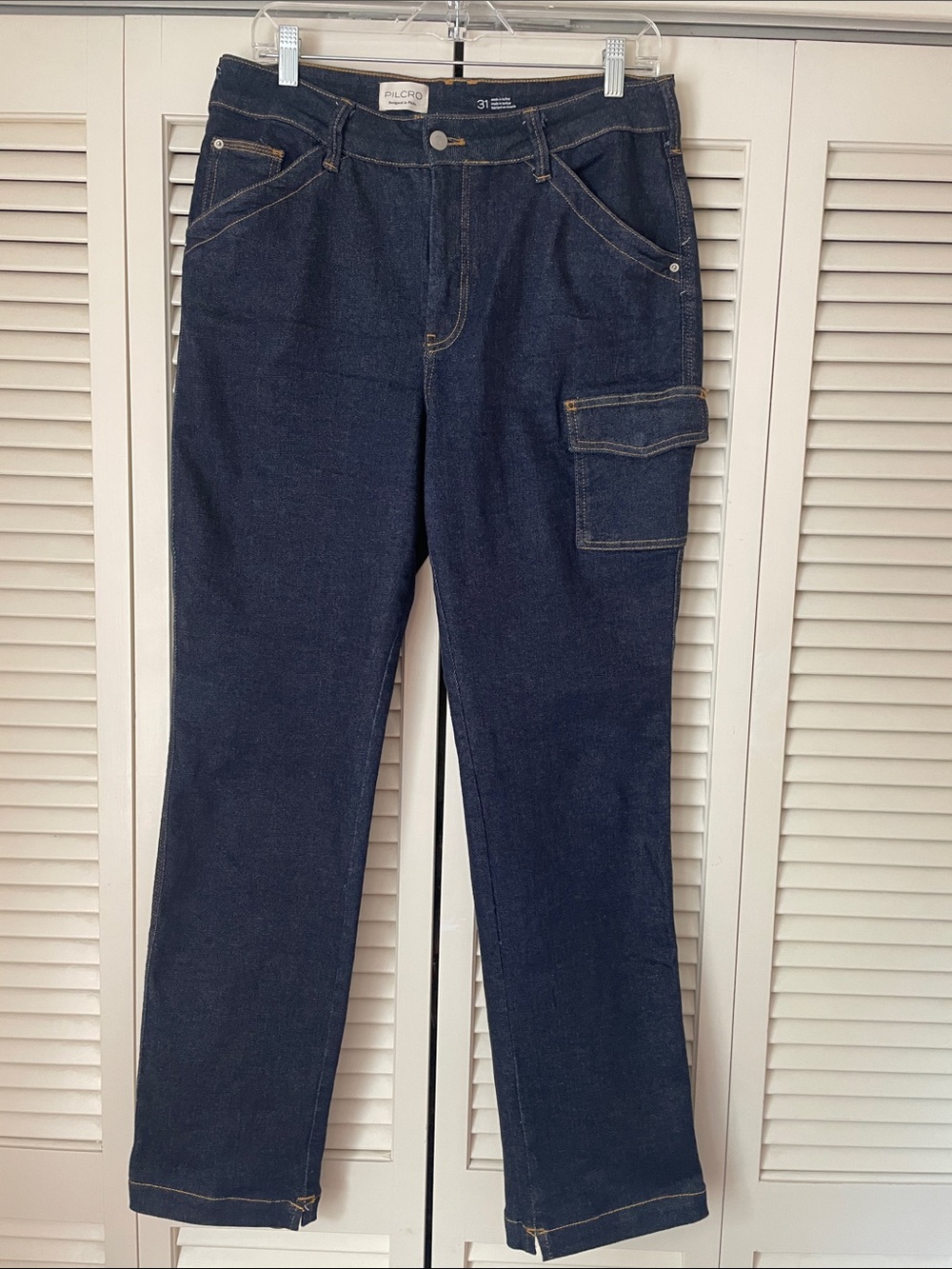 Pilcro Anthropologie Dark Indigo Straight-Leg Carpenter Jeans Sz 31 split hem